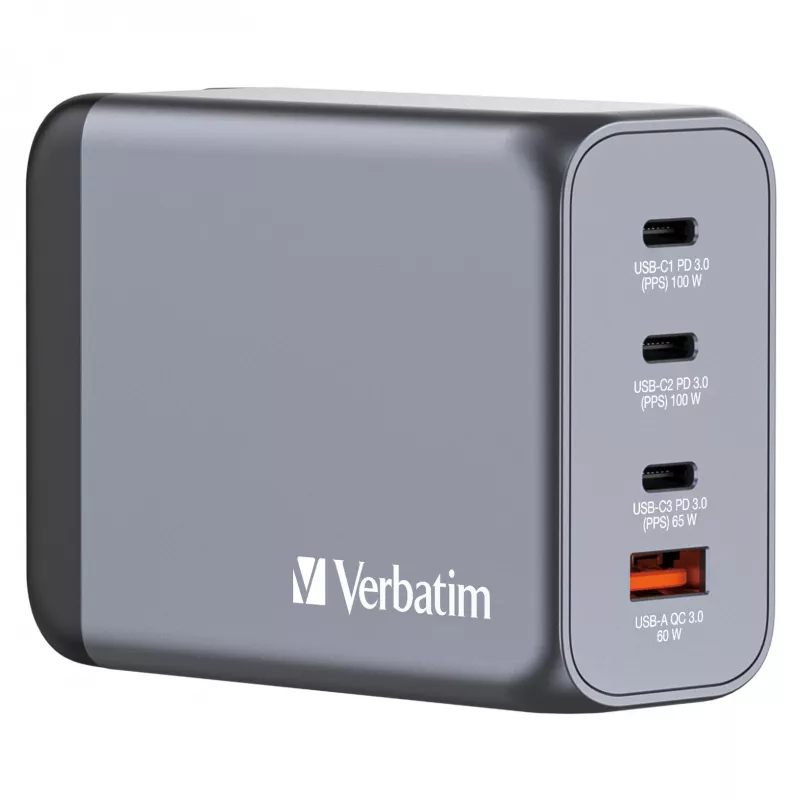 Verbatim GNC-200 GaN įkroviklis 200W su 2 x USB-C PD 100W / 1 x USB-C PD 65W / 1 x USB QC 3.0 (EU/UK/US)