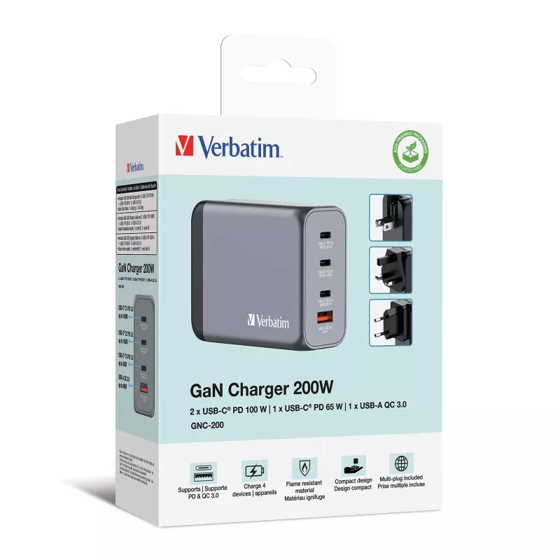Verbatim GNC-200 GaN įkroviklis 200W su 2 x USB-C PD 100W / 1 x USB-C PD 65W / 1 x USB QC 3.0 (EU/UK/US)