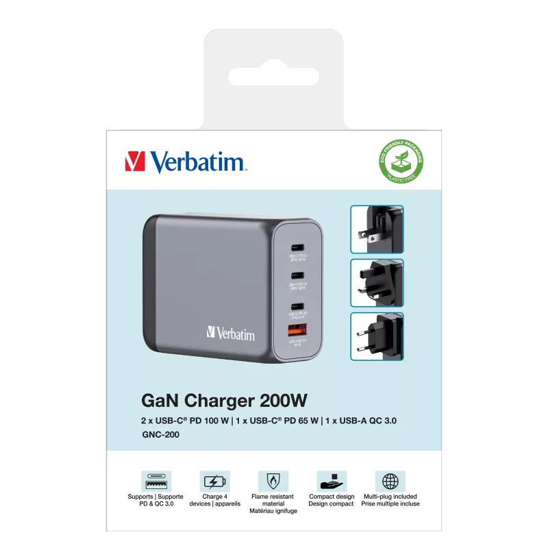Verbatim GNC-200 GaN įkroviklis 200W su 2 x USB-C PD 100W / 1 x USB-C PD 65W / 1 x USB QC 3.0 (EU/UK/US)
