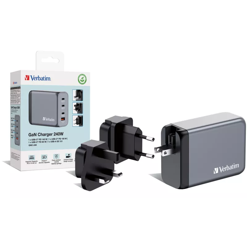 Verbatim GNC-240 GaN įkroviklis 240 W su 1 x USB-C 140 W / 1 x USB-C 100 W / 1 x USB-C 65 W / 1 x USB-A QC 3.0 (EU/UK/US)