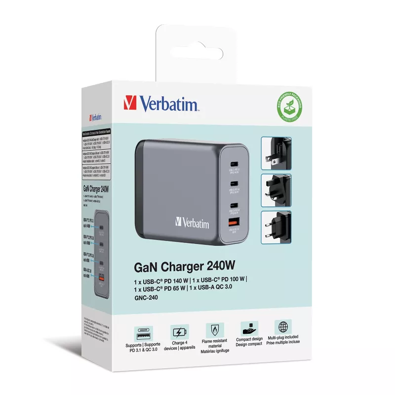 Verbatim GNC-240 GaN įkroviklis 240 W su 1 x USB-C 140 W / 1 x USB-C 100 W / 1 x USB-C 65 W / 1 x USB-A QC 3.0 (EU/UK/US)