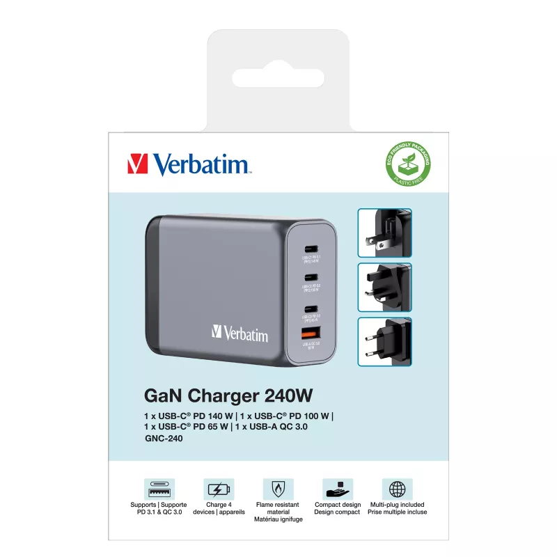 Verbatim GNC-240 GaN įkroviklis 240 W su 1 x USB-C 140 W / 1 x USB-C 100 W / 1 x USB-C 65 W / 1 x USB-A QC 3.0 (EU/UK/US)