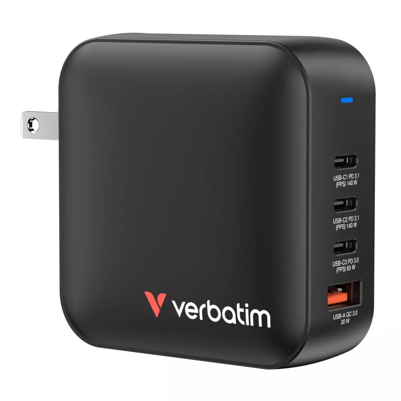 Verbatim Mini GaN įkroviklis 165W 4 prievadų su US kištuku ir EU bei UK adapteriais