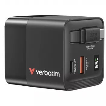 Verbatim GaN Charger 65W 2 Port retractable kabelis display US plugs su EU and UK adaptors