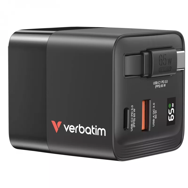 Verbatim GaN Charger 65W 2 Port retractable kabelis display US plugs su EU and UK adaptors