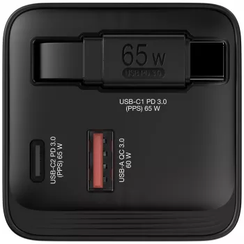 Verbatim GaN Charger 65W 2 Port retractable kabelis display US plugs su EU and UK adaptors