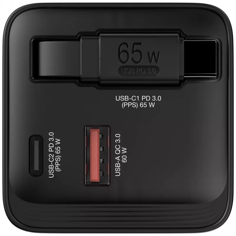 Verbatim GaN Charger 65W 2 Port retractable kabelis display US plugs su EU and UK adaptors