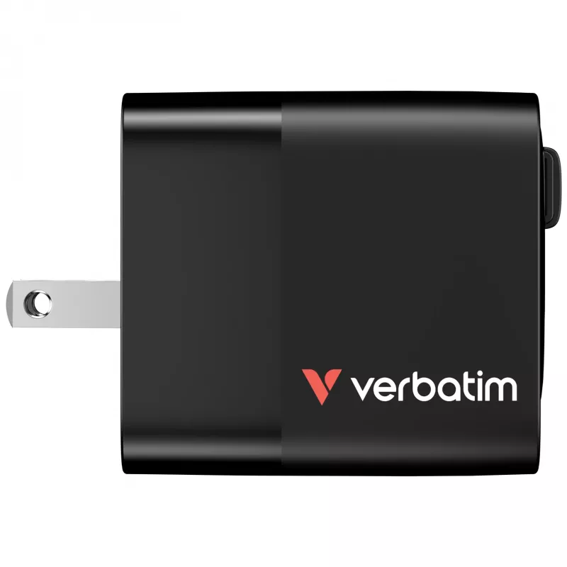 Verbatim GaN Charger 65W 2 Port retractable kabelis display US plugs su EU and UK adaptors