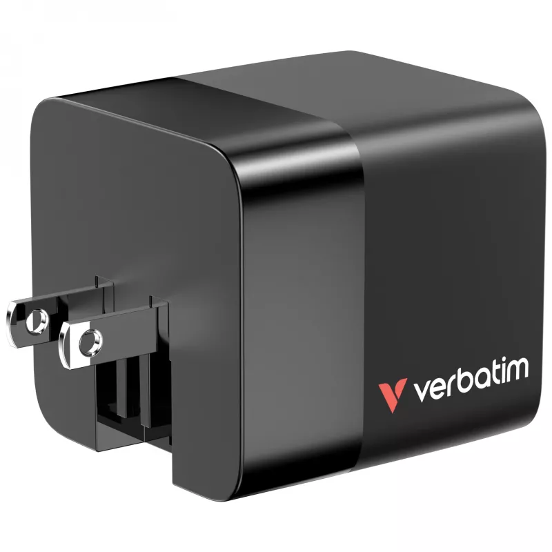 Verbatim GaN Charger 65W 2 Port retractable kabelis display US plugs su EU and UK adaptors
