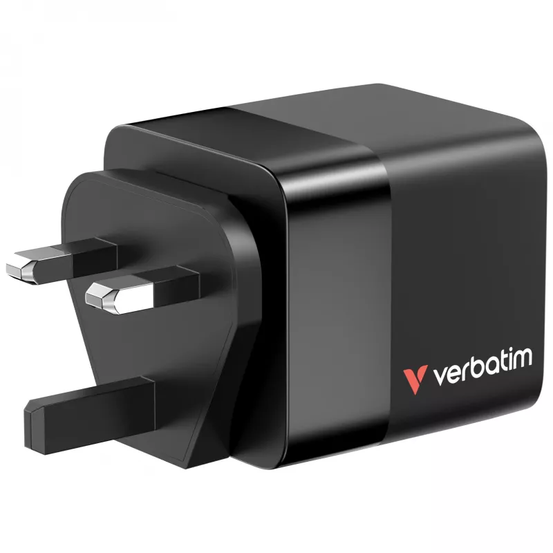 Verbatim GaN Charger 65W 2 Port retractable kabelis display US plugs su EU and UK adaptors
