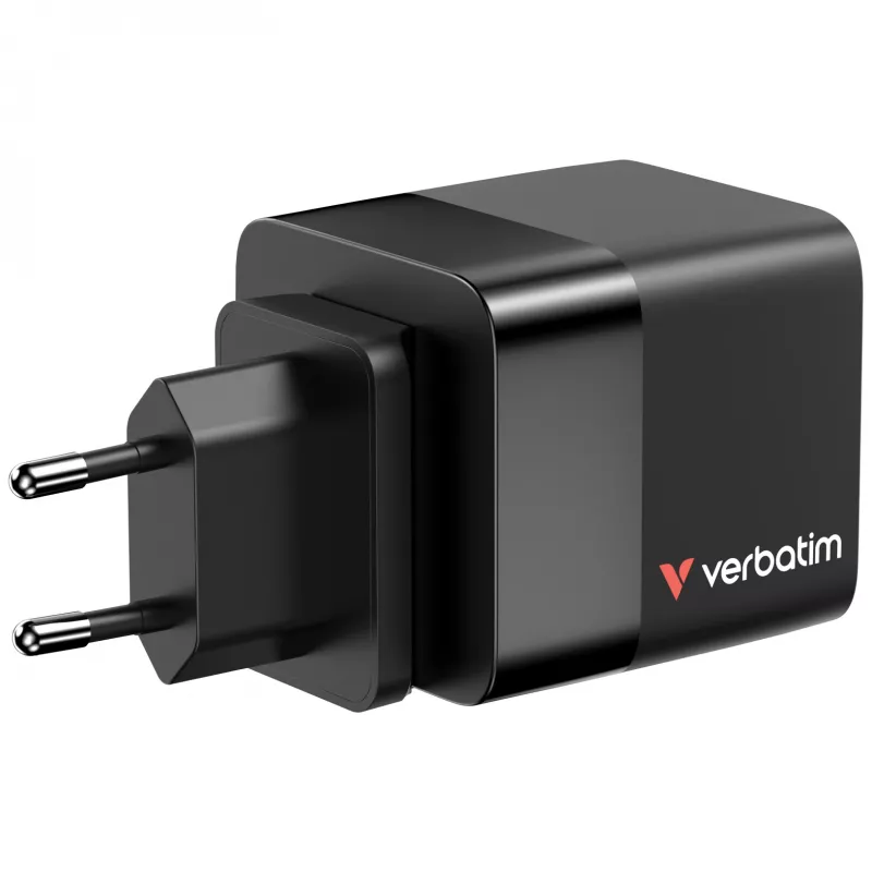 Verbatim GaN Charger 65W 2 Port retractable kabelis display US plugs su EU and UK adaptors