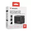 Verbatim GaN Charger 65W 2 Port retractable kabelis display US plugs su EU and UK adaptors