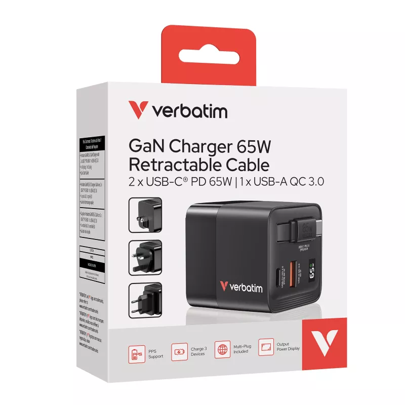 Verbatim GaN Charger 65W 2 Port retractable kabelis display US plugs su EU and UK adaptors