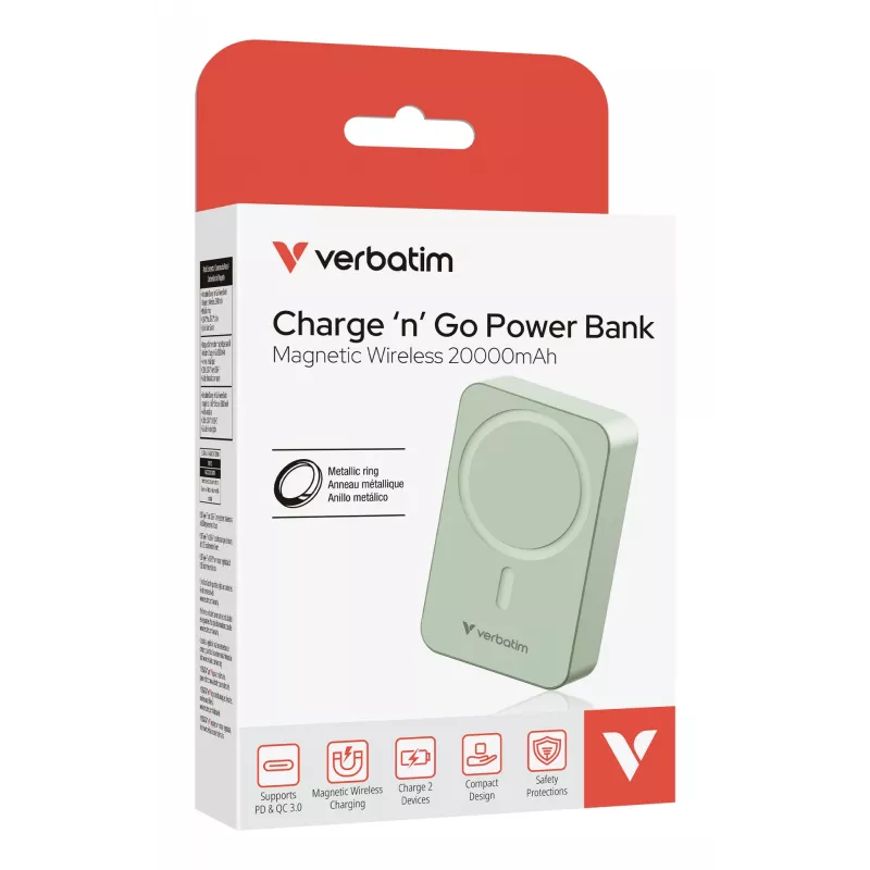 Verbatim Charge 'n' Go Essentials magnetinė belaidė išorinė baterija 20000 mAh žalia