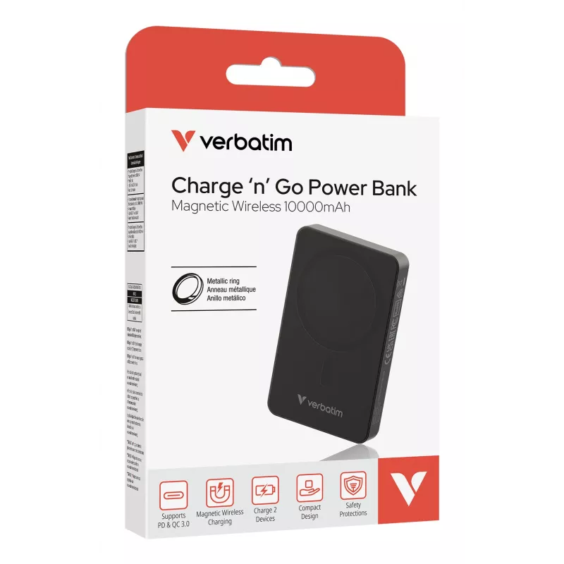 Verbatim Charge 'n' Go Essentials magnetinė belaidė išorinė baterija 10000 mAh, juoda