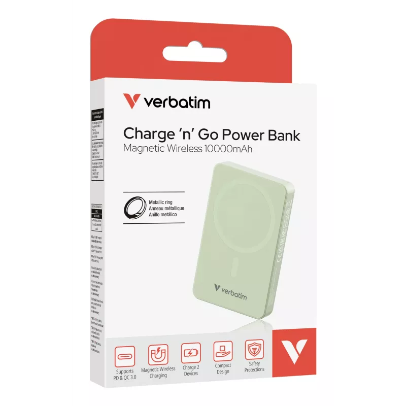 „Verbatim Charge 'n' Go Essentials“ magnetinė belaidė išorinė baterija 10000 mAh, žalia