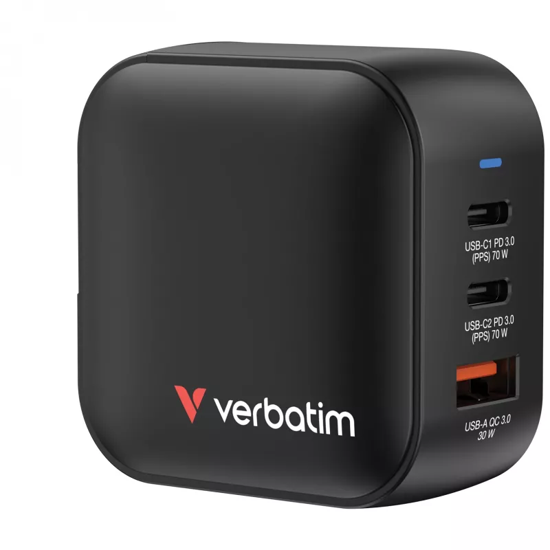 Verbatim Mini GaN Charger 70W 3 Port US plug su EU and UK adaptors