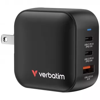 Verbatim Mini GaN Charger 70W 3 Port US plug su EU and UK adaptors