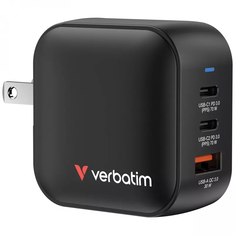 Verbatim Mini GaN Charger 70W 3 Port US plug su EU and UK adaptors