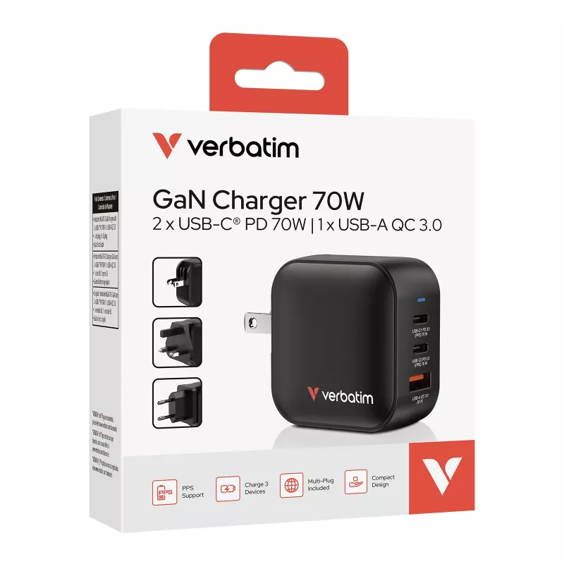 Verbatim Mini GaN Charger 70W 3 Port US plug su EU and UK adaptors