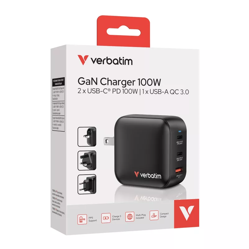 Verbatim GaN Charger 100W Universal Juoda AC Fast charging Indoor