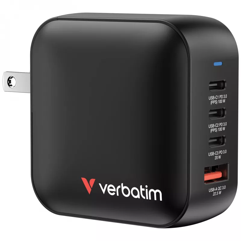 Verbatim Mini GaN įkroviklis 100 W 4 prievadų JAV kištukas su ES ir JK adapteriais