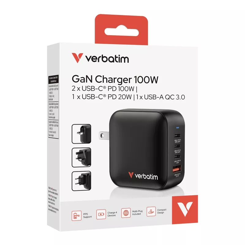 Verbatim Mini GaN įkroviklis 100 W 4 prievadų JAV kištukas su ES ir JK adapteriais