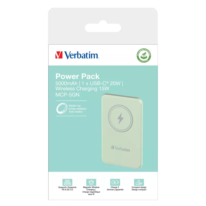 Verbatim Charge 'n' Go magnetinė belaidė išorinė baterija 5000 mAh, žalia
