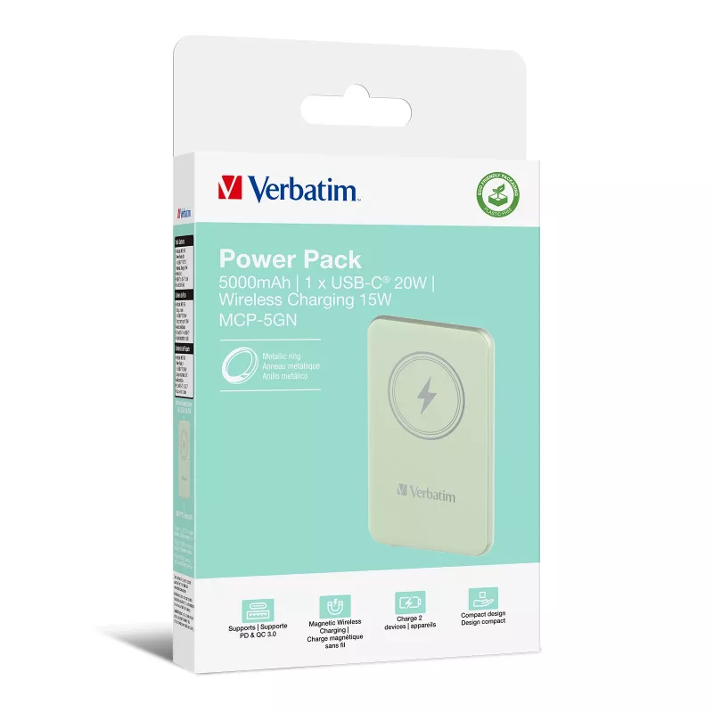 Verbatim Charge 'n' Go magnetinė belaidė išorinė baterija 5000 mAh, žalia