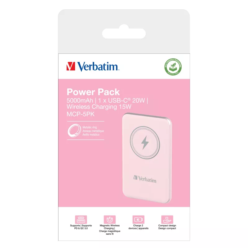 „Verbatim Charge 'n' Go“ magnetinė belaidė išorinė baterija 5000 mAh rožinė