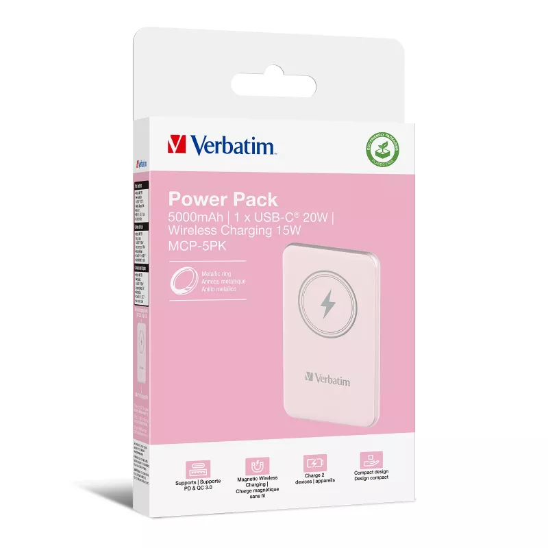 „Verbatim Charge 'n' Go“ magnetinė belaidė išorinė baterija 5000 mAh rožinė