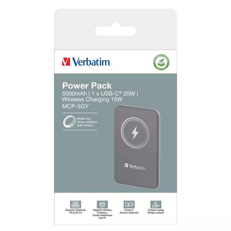 Verbatim Charge 'n' Go Magnetic Wireless Power Bank 5000mAh Pilka