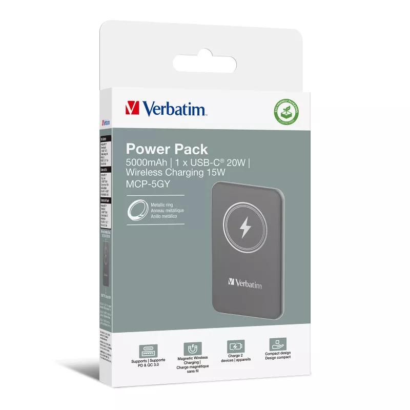 Verbatim Charge 'n' Go Magnetic Wireless Power Bank 5000mAh Pilka