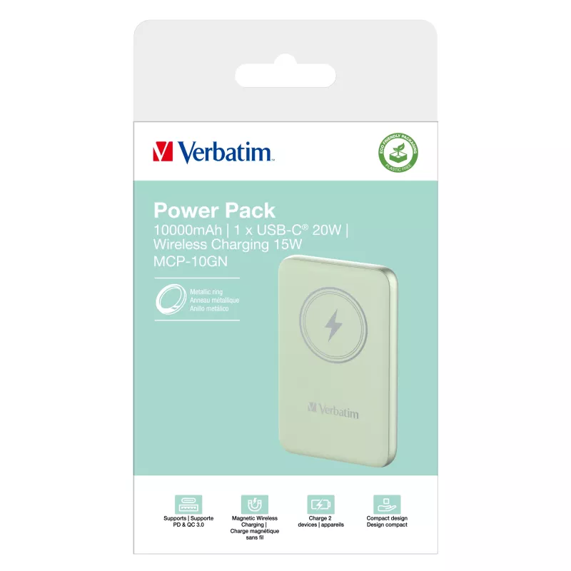 Verbatim Charge 'n' Go magnetinė belaidė išorinė baterija 10000mAh žalia