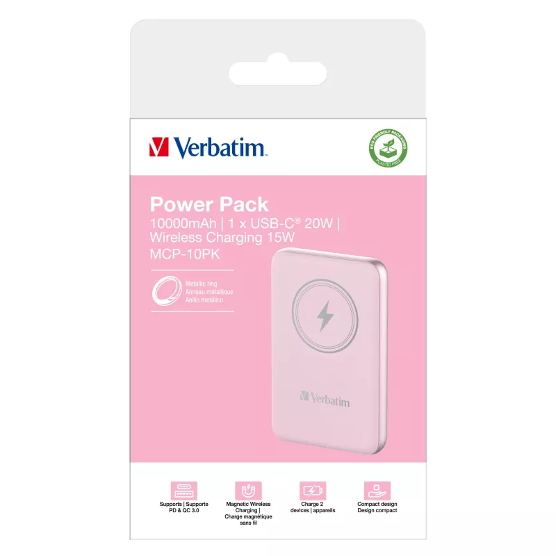 Verbatim Charge 'n' Go magnetinė belaidė išorinė baterija 10000 mAh rožinė