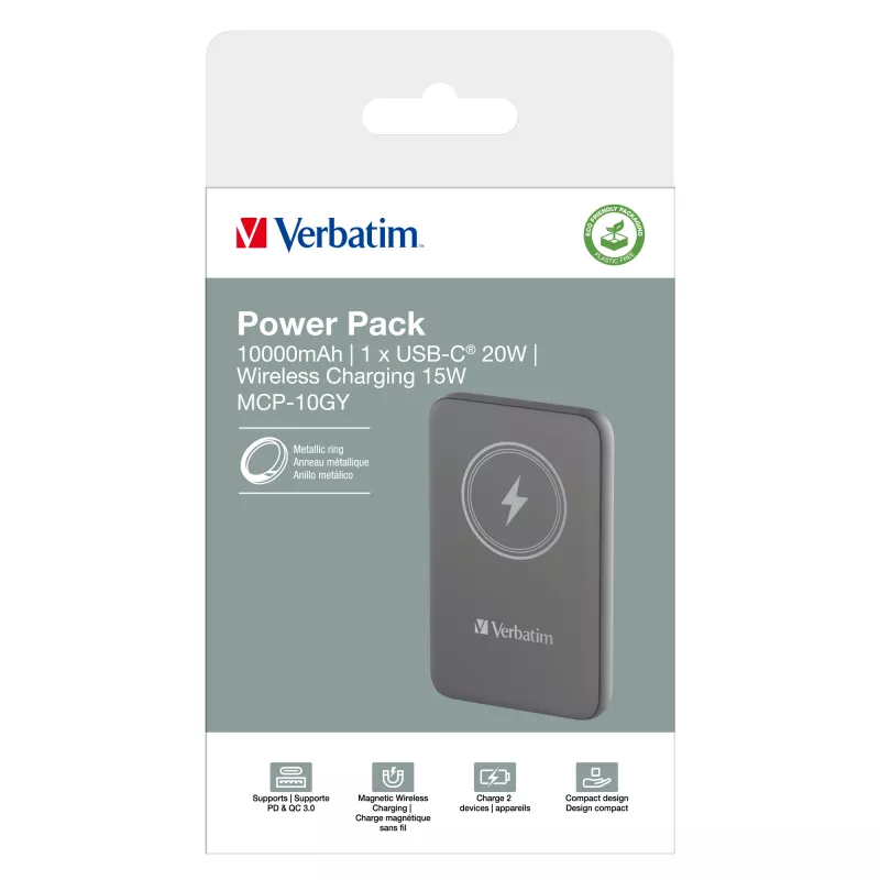 Verbatim Charge 'n' Go magnetinė belaidė išorinė baterija 10000 mAh pilka