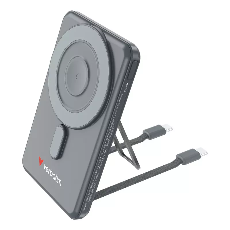 Verbatim Charge'n'Go 2C išorinė baterija 5000 mAh pilka, 5000 mAh, adaptyvus greitasis įkrovimas, Power Delivery 3.0, Quick Charge 3.0, belaidis įkrovimas, 3,85 V, 20 W, pilka