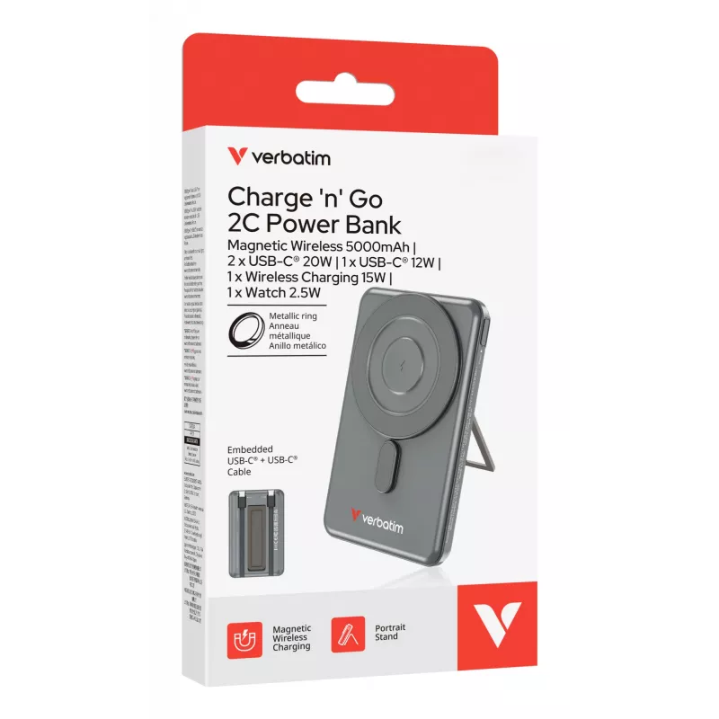 Verbatim Charge'n'Go 2C išorinė baterija 5000 mAh pilka, 5000 mAh, adaptyvus greitasis įkrovimas, Power Delivery 3.0, Quick Charge 3.0, belaidis įkrovimas, 3,85 V, 20 W, pilka