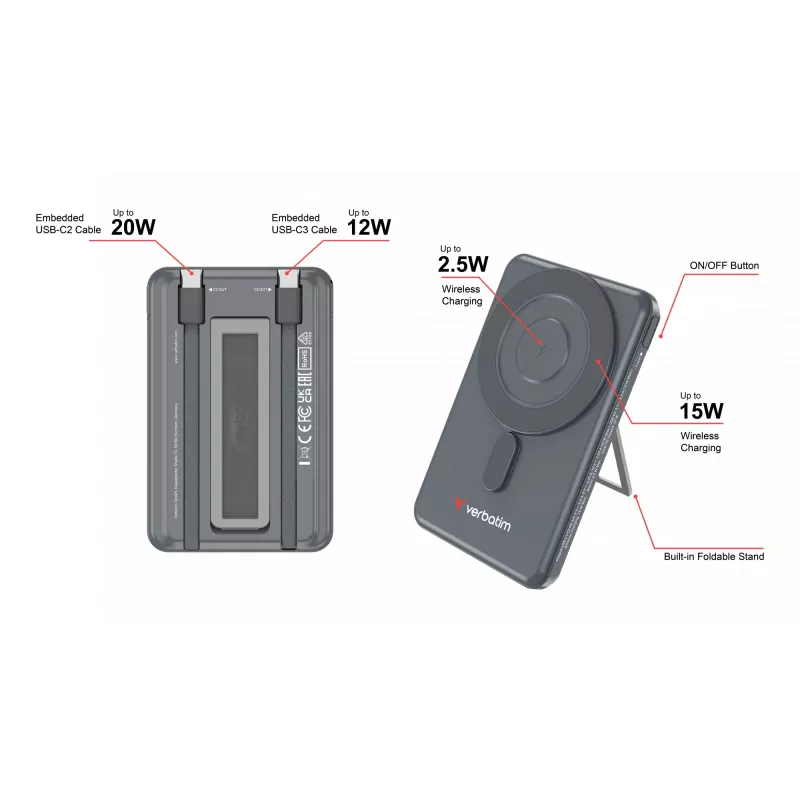 Verbatim Charge'n'Go 2C išorinė baterija 5000 mAh pilka, 5000 mAh, adaptyvus greitasis įkrovimas, Power Delivery 3.0, Quick Charge 3.0, belaidis įkrovimas, 3,85 V, 20 W, pilka