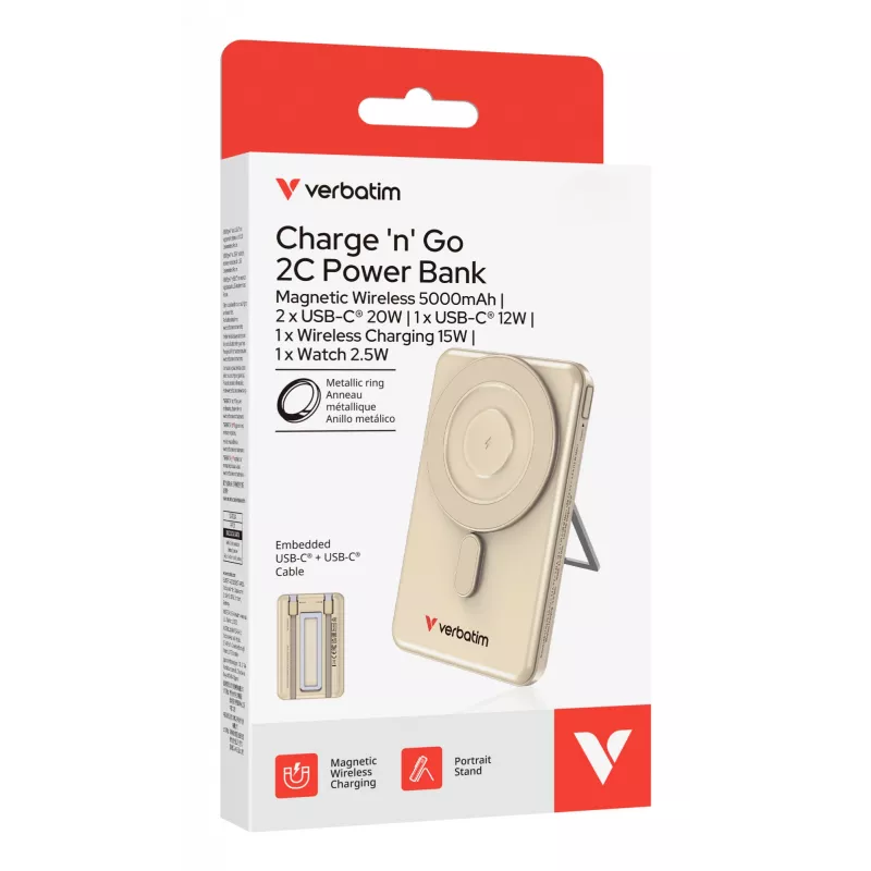 Verbatim Charge'n'G0 2C išorinė baterija 5000 mAh auksinė, 5000 mAh, polimerinė, prisitaikantis greitasis įkrovimas, Power Delivery 3.0, Quick Charge 3.0, belaidis įkrovimas, 3,85 V, 20 W