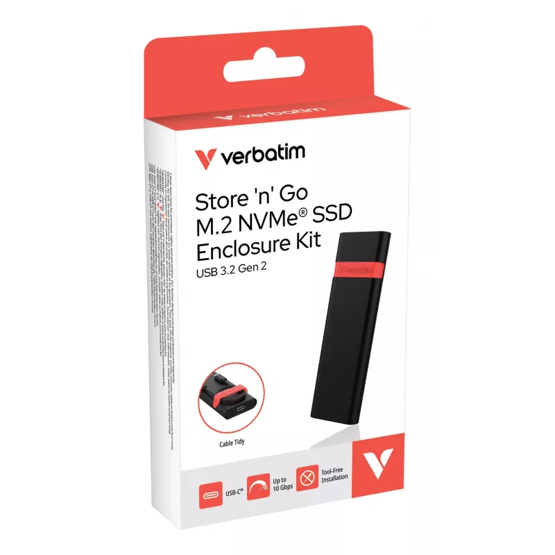 Verbatim M.2 NVMe SSD korpuso rinkinys, SSD korpusas, M.2, PCI Express, 10 Gbit/s, USB jungtis, juoda, raudona