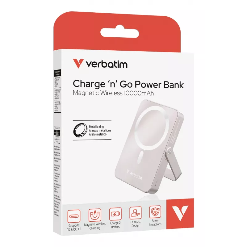 „Verbatim Charge 'n' Go“ magnetinė belaidė išorinė baterija su stovu – 10000 mAh, rožinė