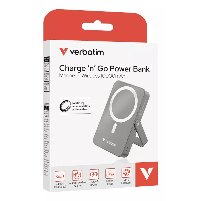 Verbatim Charge 'n' Go magnetinė belaidė išorinė baterija su stovu - 10000 mAh, pilka