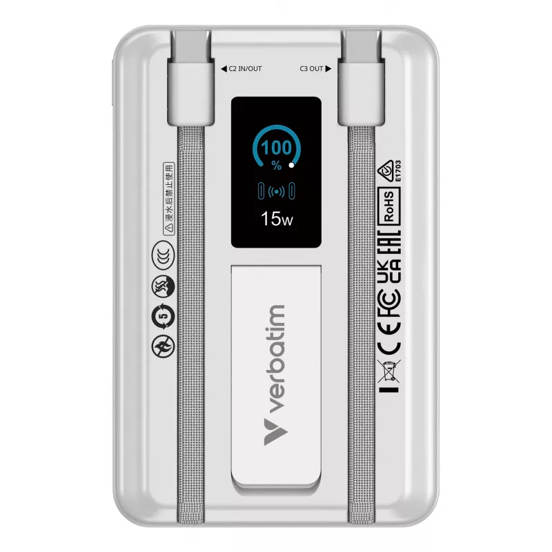Verbatim Charge'n'Go 2C & Display Power Bank 10000 mAh Sidabrinė