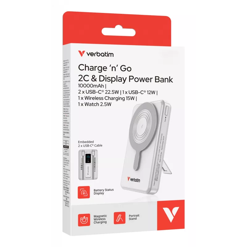 Verbatim Charge'n'Go 2C & Display Power Bank 10000 mAh Sidabrinė