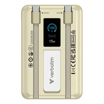 Verbatim Charge'n'Go 2C & Display Power Bank 10000 mAh Auksinė, 10000 mAh, ličio polimeras (LiPo), Power Delivery 3.0, Quick Charge 3.0, belaidis įkrovimas, 3,85 V, 52 W