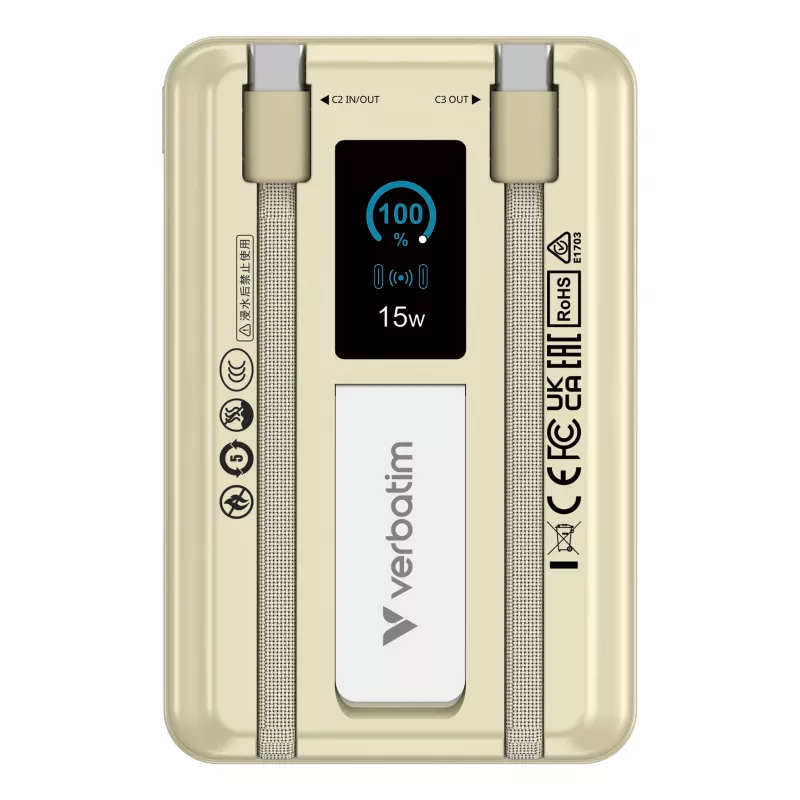 Verbatim Charge'n'Go 2C & Display Power Bank 10000 mAh Auksinė, 10000 mAh, ličio polimeras (LiPo), Power Delivery 3.0, Quick Charge 3.0, belaidis įkrovimas, 3,85 V, 52 W