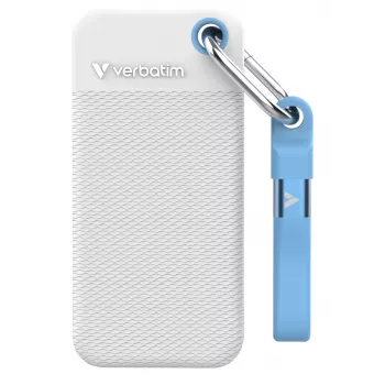 Verbatim Pocket SSD USB 3.2 Gen 2 1 TB baltos/šviesiai mėlynos spalvos su dviem guminiais gaubtais