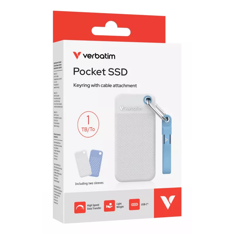 Verbatim Pocket SSD USB 3.2 Gen 2 1 TB baltos/šviesiai mėlynos spalvos su dviem guminiais gaubtais