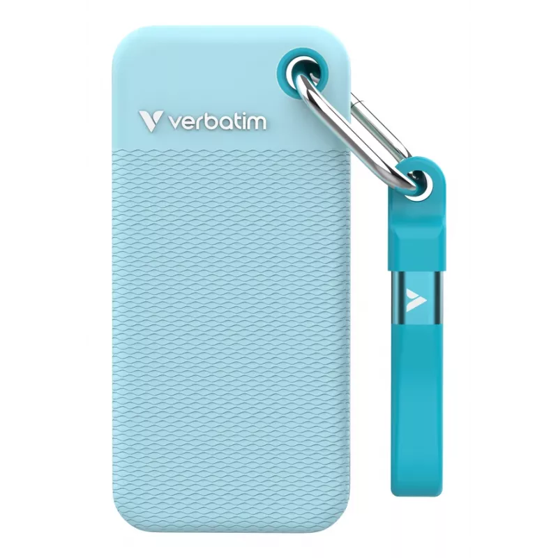 Verbatim Pocket SSD USB 3.2 Gen 2 1TB Polar Blue su dviem guminiais gaubtais